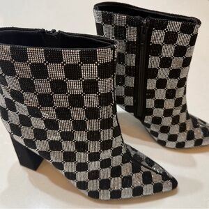 New Ingriddf Black and White Rhinestoned Checkered Women's Ankle Boots, 8.5